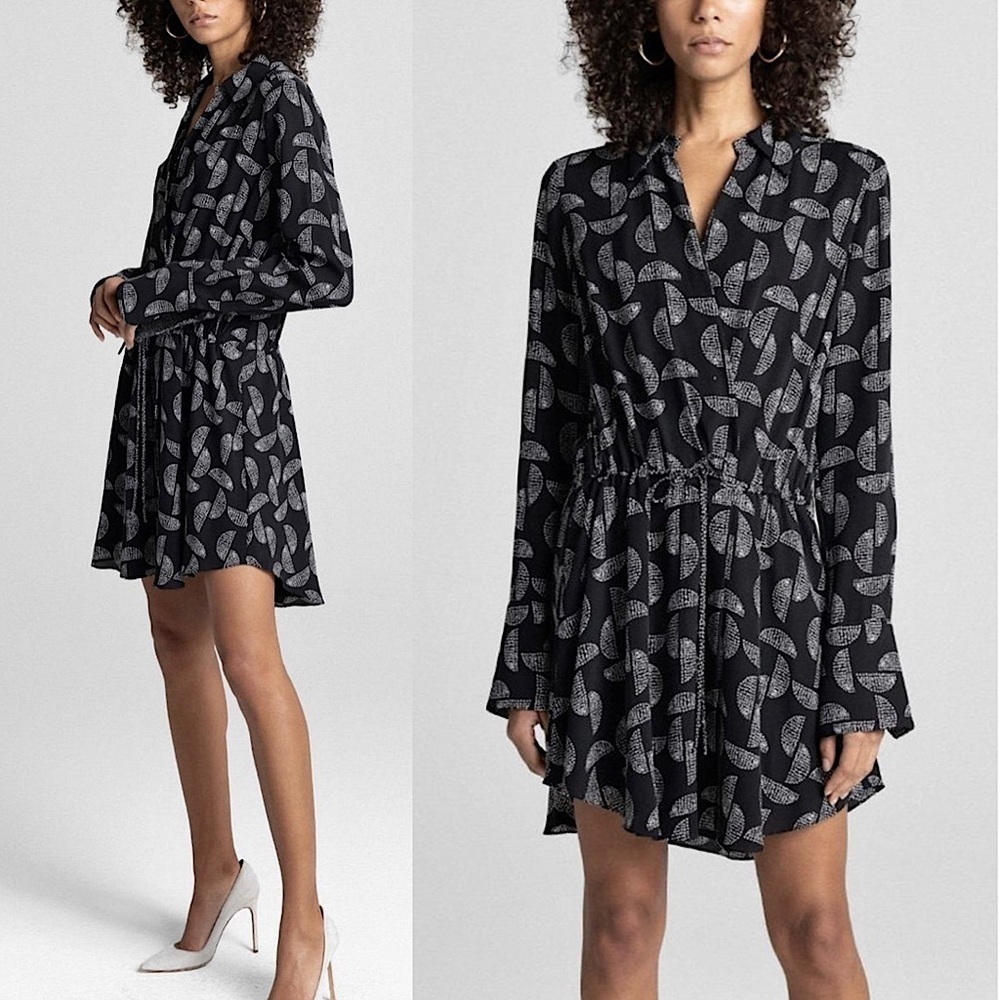 ALC Silk Chiffon Batik Style Print Long Sleeve Tie Waist Collared Shirt Dress 6